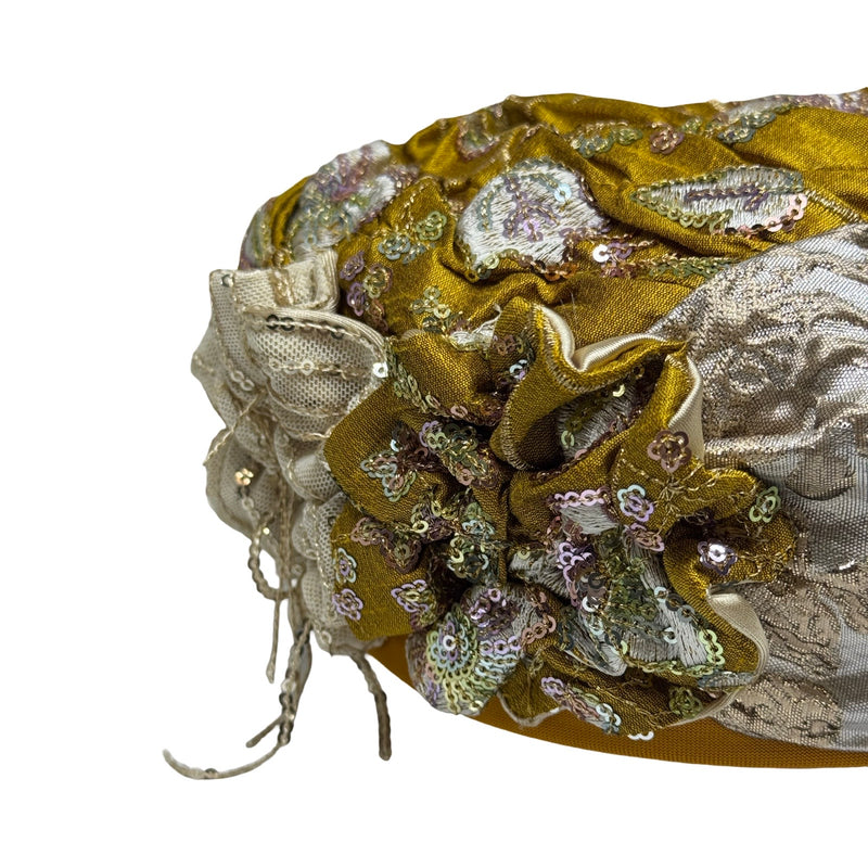 ברט מכווץ רקום פרחים חרדל זהב