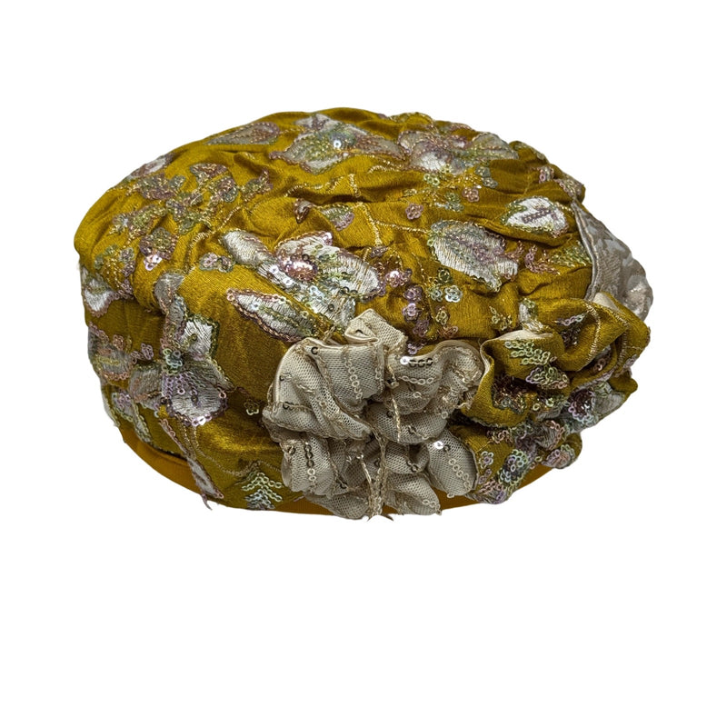 ברט מכווץ רקום פרחים חרדל זהב