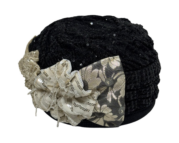 ברט מכווץ פרחים פייטים שחור שמפניה